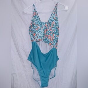 Pink Lily Blue Floral Print Cut Out One Piece Bathing Suit size medium